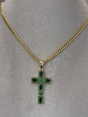 14K Gold Filled Cuban Necklace with Cross Emerald Green Stones